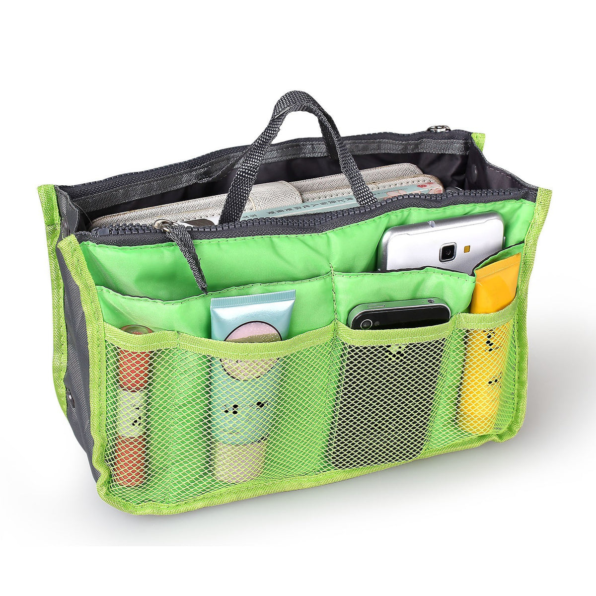 Purse Organizer Insert, Travel Makeup Bag with Handles, Multi-Pocket Waterproof Toiletry Bag Bag in Bag for Cosmetics Travel, Gray Green