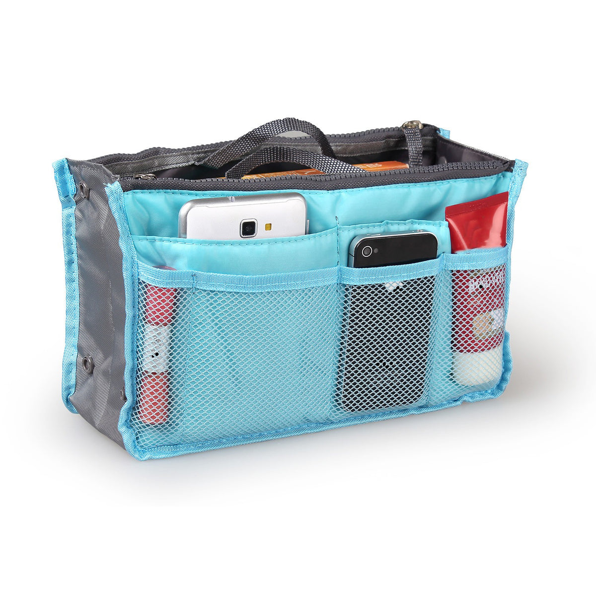 Purse Organizer Insert, Travel Makeup Bag with Handles, Multi-Pocket Waterproof Toiletry Bag Bag in Bag for Cosmetics Travel,Sky Blue/Gray