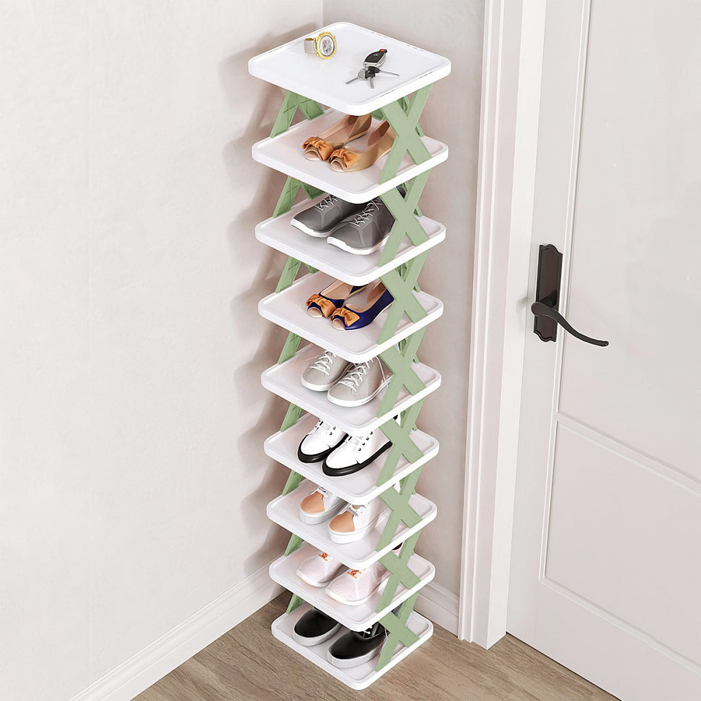 9-Tier Stackable Shoe Rack, Space-Saving Plastic Shoe Organizer with Sturdy Shelves, White and Green