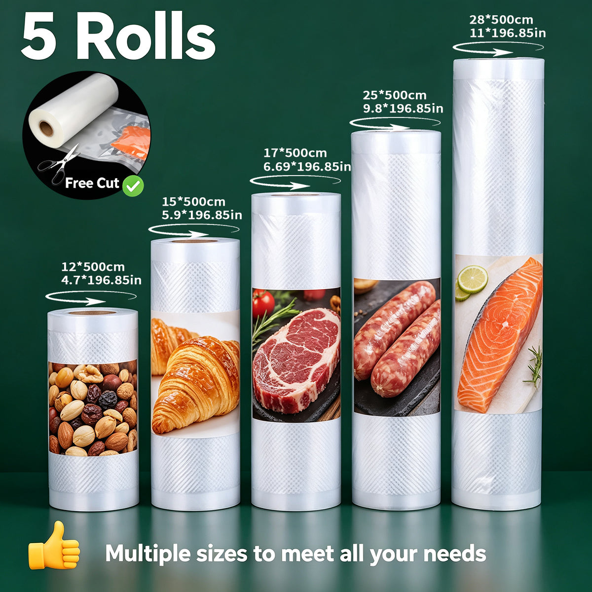 AEELLEEA Vacuum Sealer Bags Rolls, 5 Rolls, 7-Layer Coextruded Food Vacuum Bags, Multiple Sizes 4.7-11in ×196.85in, BPA Free