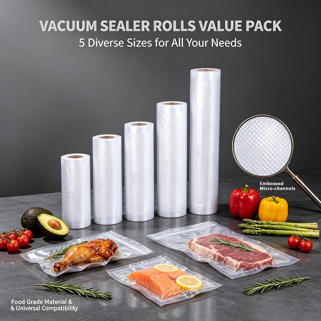 AEELLEEA Vacuum Sealer Bags Rolls, 5 Rolls, 7-Layer Coextruded Food Vacuum Bags, Multiple Sizes 4.7-11in ×196.85in, BPA Free