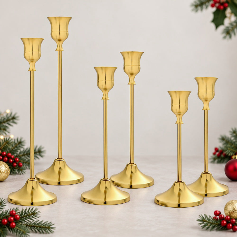 AEELLEEA 6Pcs Gold Taper Candle Holders Set, 3 Heights Metal Candlesticks, Wedding Christmas Table Centerpiece Decor
