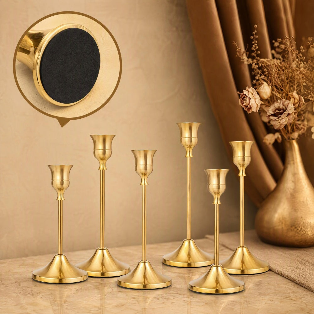 AEELLEEA 6Pcs Gold Taper Candle Holders Set, 3 Heights Metal Candlesticks, Wedding Christmas Table Centerpiece Decor