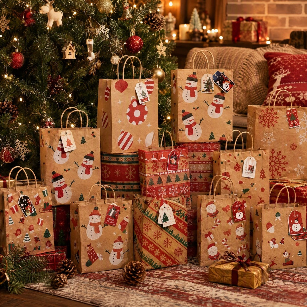 AEELLEEA 12Pcs Christmas Kraft Gift Bags 6.3"×3.15"×8.66", Holiday Goodie Bags with Tags & Jute Twine