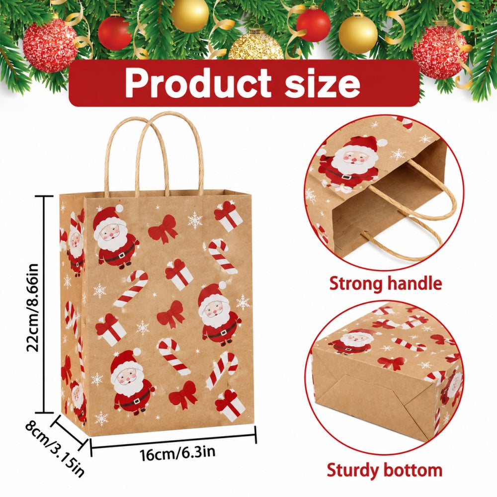 AEELLEEA 12Pcs Christmas Kraft Gift Bags 6.3"×3.15"×8.66", Holiday Goodie Bags with Tags & Jute Twine