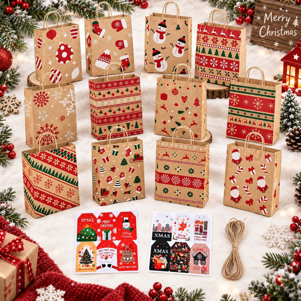 AEELLEEA 12Pcs Christmas Kraft Gift Bags 6.3"×3.15"×8.66", Holiday Goodie Bags with Tags & Jute Twine