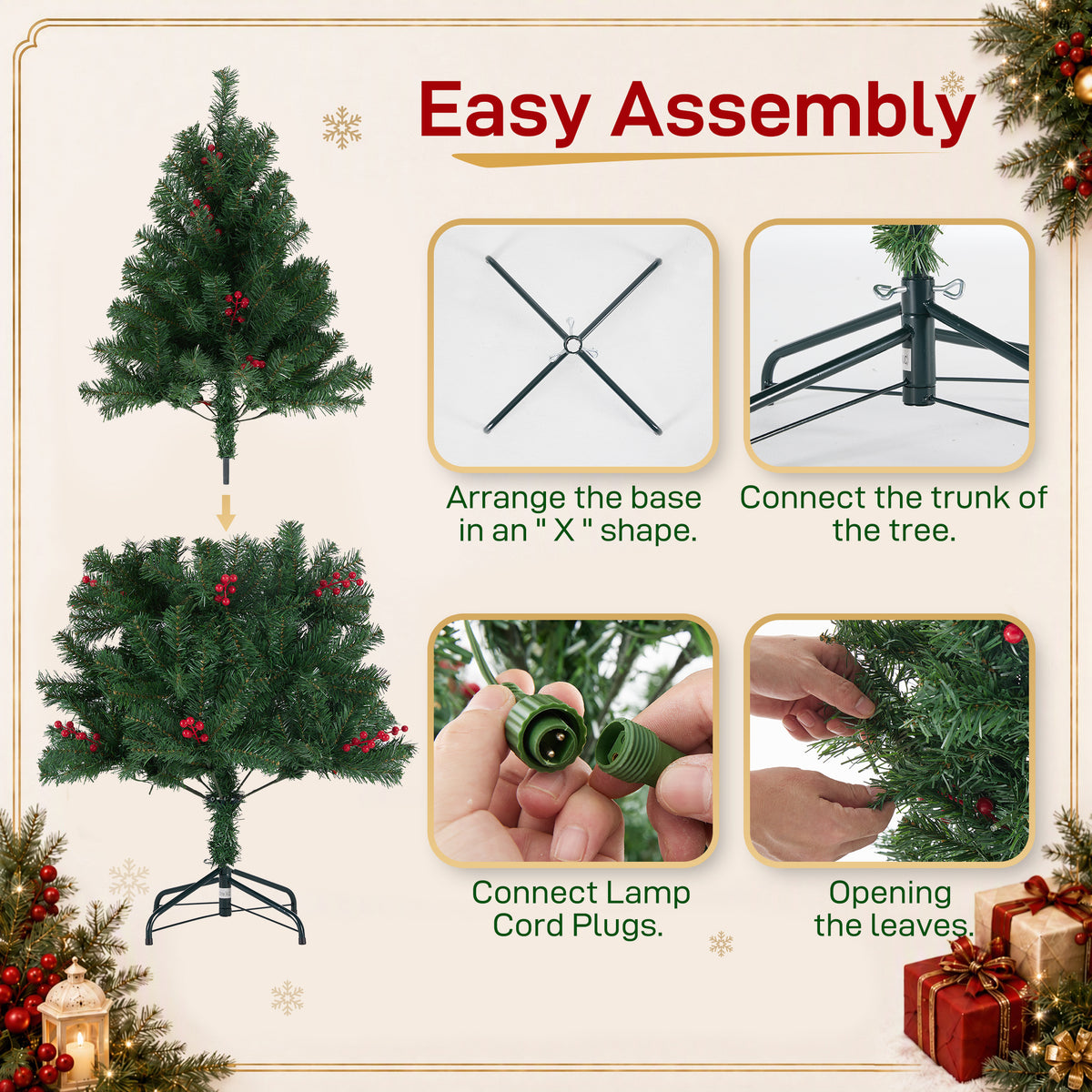 Aeelleea Pre-Lit Pre-Decorated Spruce Christmas Tree with Twinkling LEDs-9FT