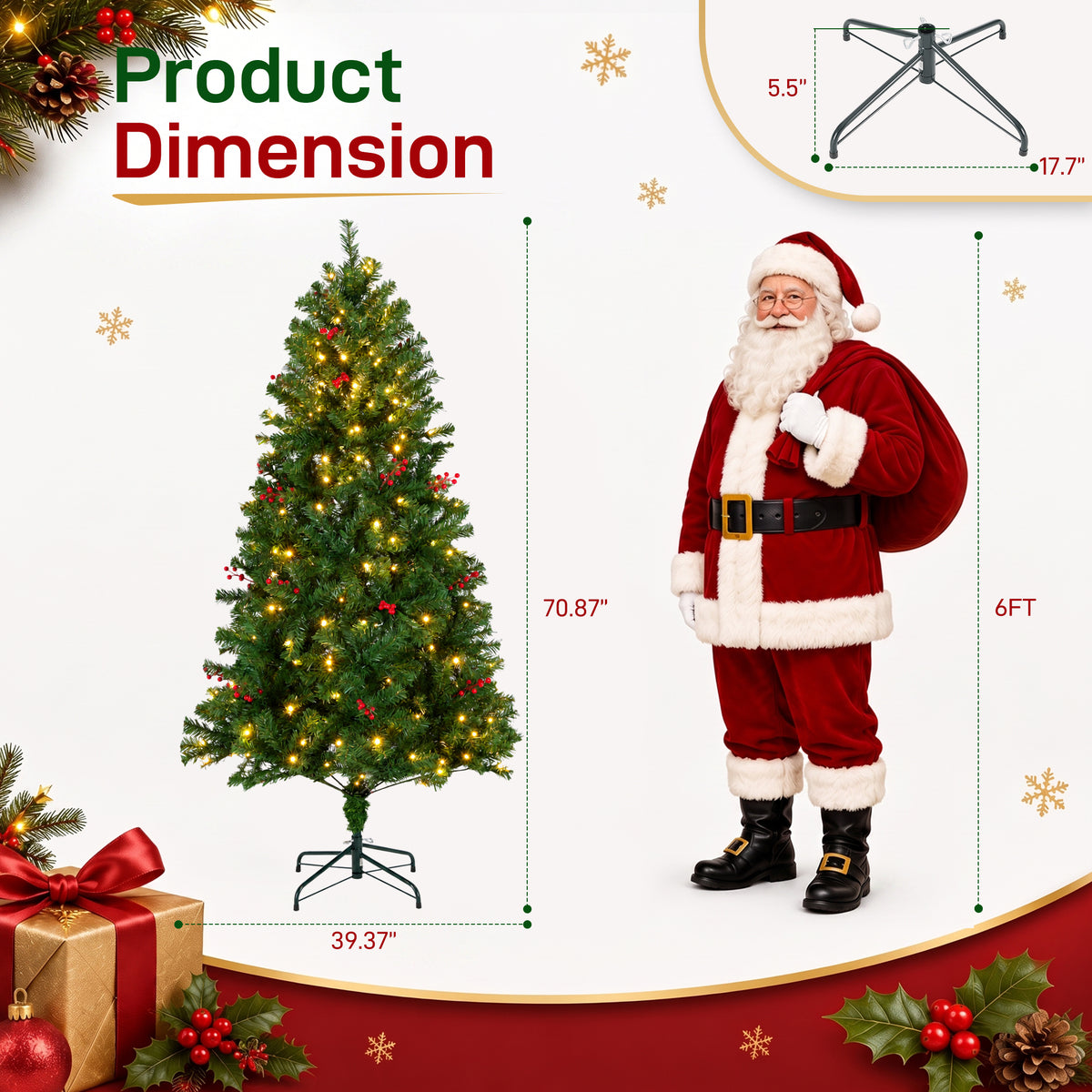 Aeelleea Pre-Lit Pre-Decorated Spruce Christmas Tree with Twinkling LEDs-9FT