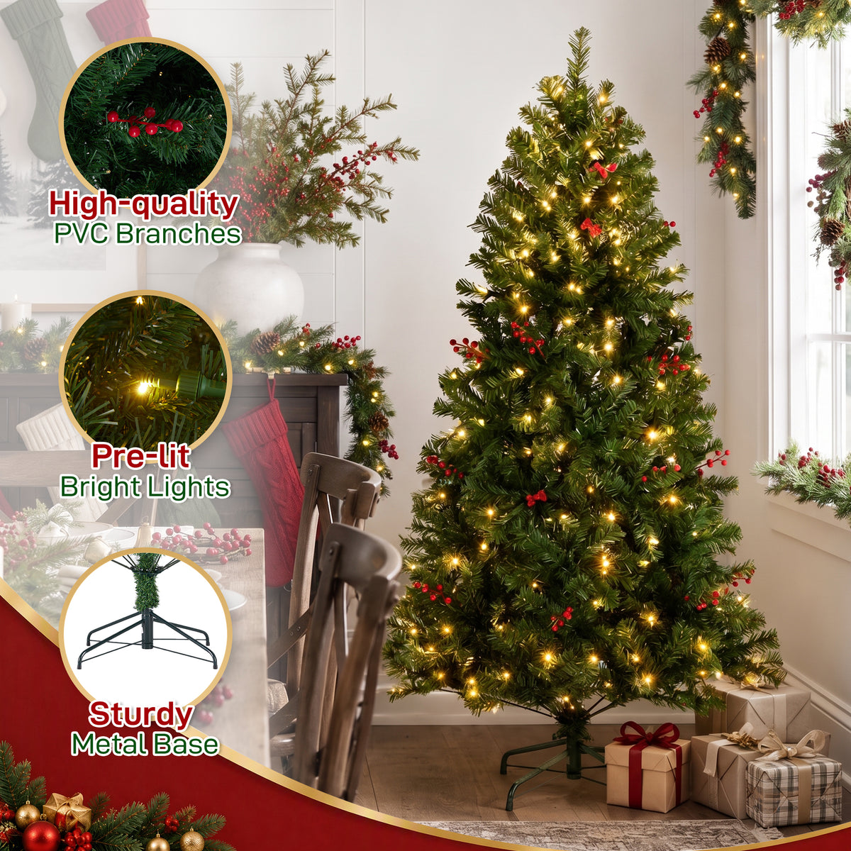 Aeelleea Pre-Lit Pre-Decorated Spruce Christmas Tree with Twinkling LEDs-9FT