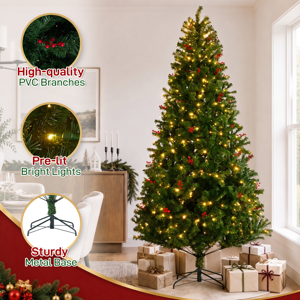 Aeelleea Pre-Lit Pre-Decorated Spruce Christmas Tree with Twinkling LEDs-9FT