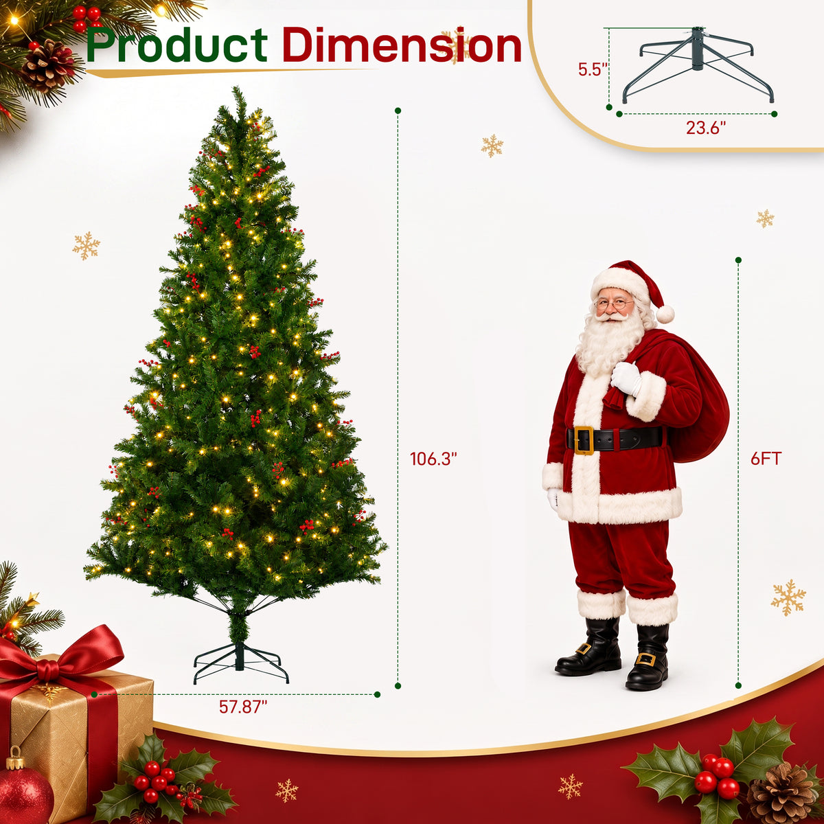 Aeelleea Pre-Lit Pre-Decorated Spruce Christmas Tree with Twinkling LEDs-9FT