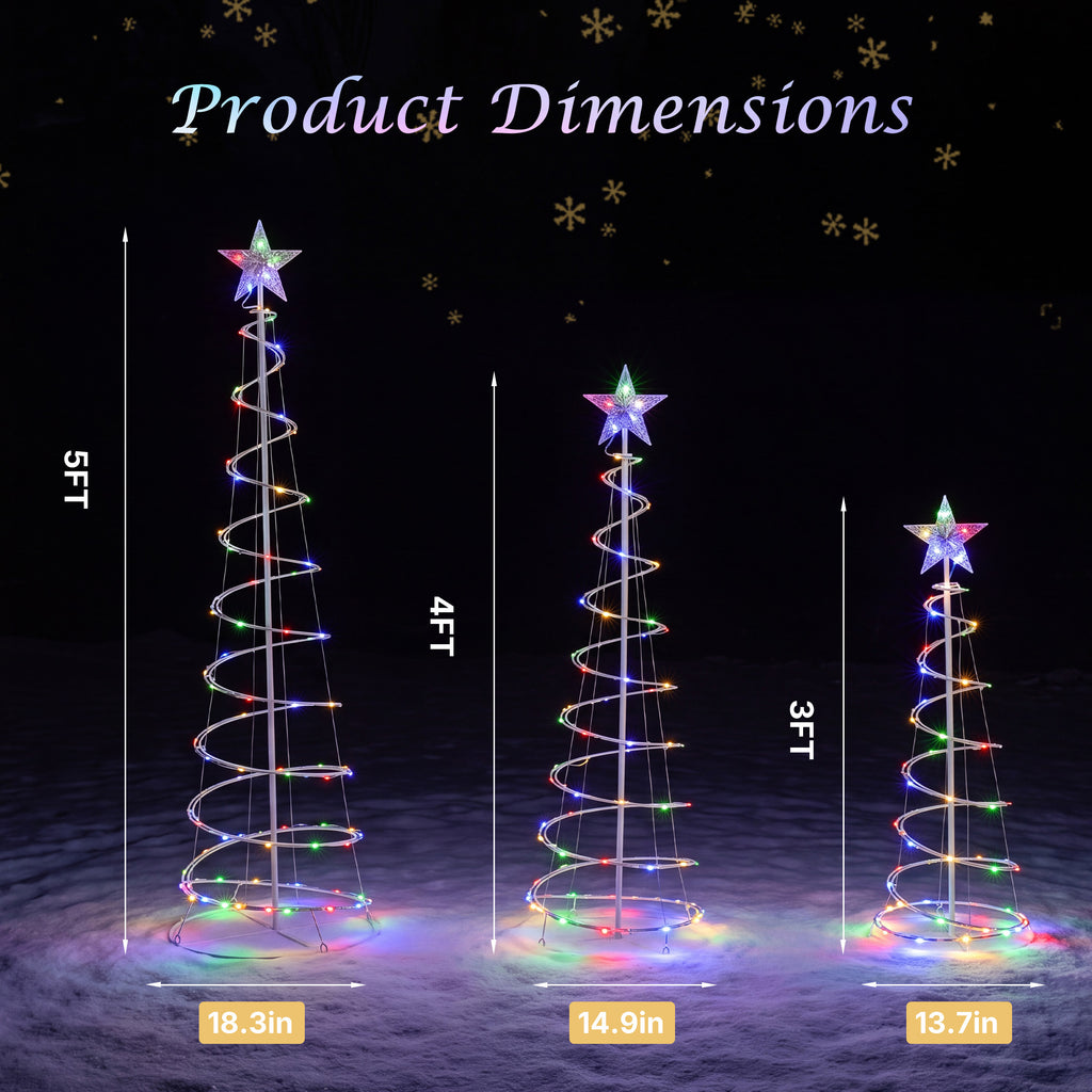 Aeelleea Multicolor 3 Pack Spiral Christmas Tree Lights, 3/4/5 ft Pre-Lit LED Xmas Yard Decor with Star Topper