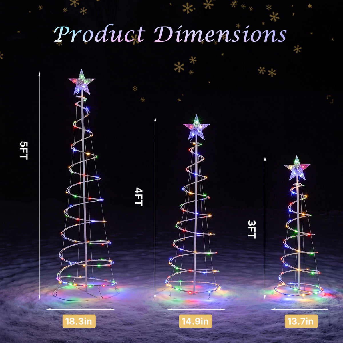 Aeelleea Multicolor 3 Pack Spiral Christmas Tree Lights, 3/4/5 ft Pre-Lit LED Xmas Yard Decor with Star Topper