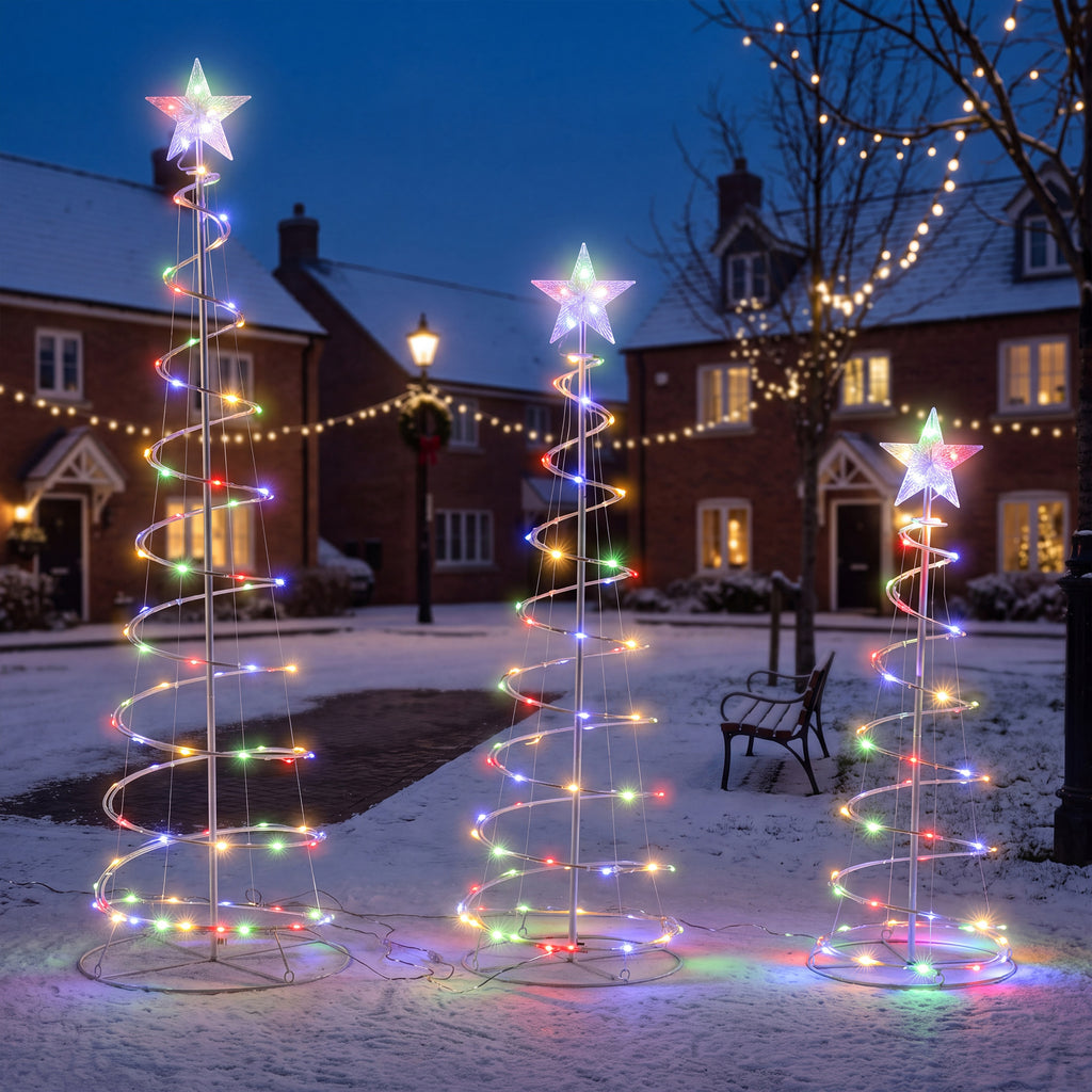 Aeelleea Multicolor 3 Pack Spiral Christmas Tree Lights, 3/4/5 ft Pre-Lit LED Xmas Yard Decor with Star Topper