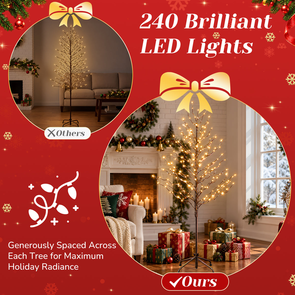 Aeelleea 6ft Lighted Birch Tree, Warm White LED Twig Tree with Metal Stand, Indoor Christmas Decor