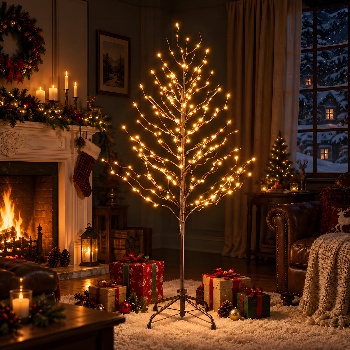 Aeelleea 6ft Lighted Birch Tree, Warm White LED Twig Tree with Metal Stand, Indoor Christmas Decor