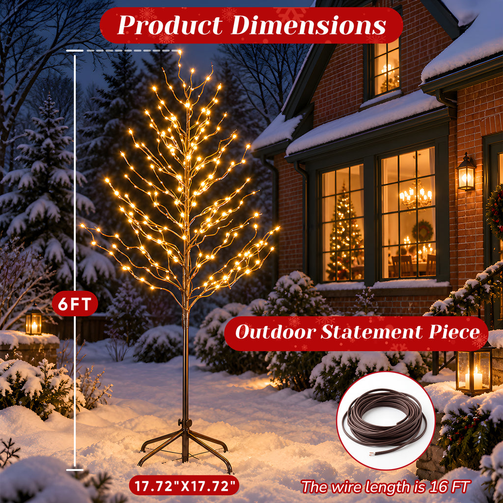 Aeelleea 6ft Lighted Birch Tree, Warm White LED Twig Tree with Metal Stand, Indoor Christmas Decor