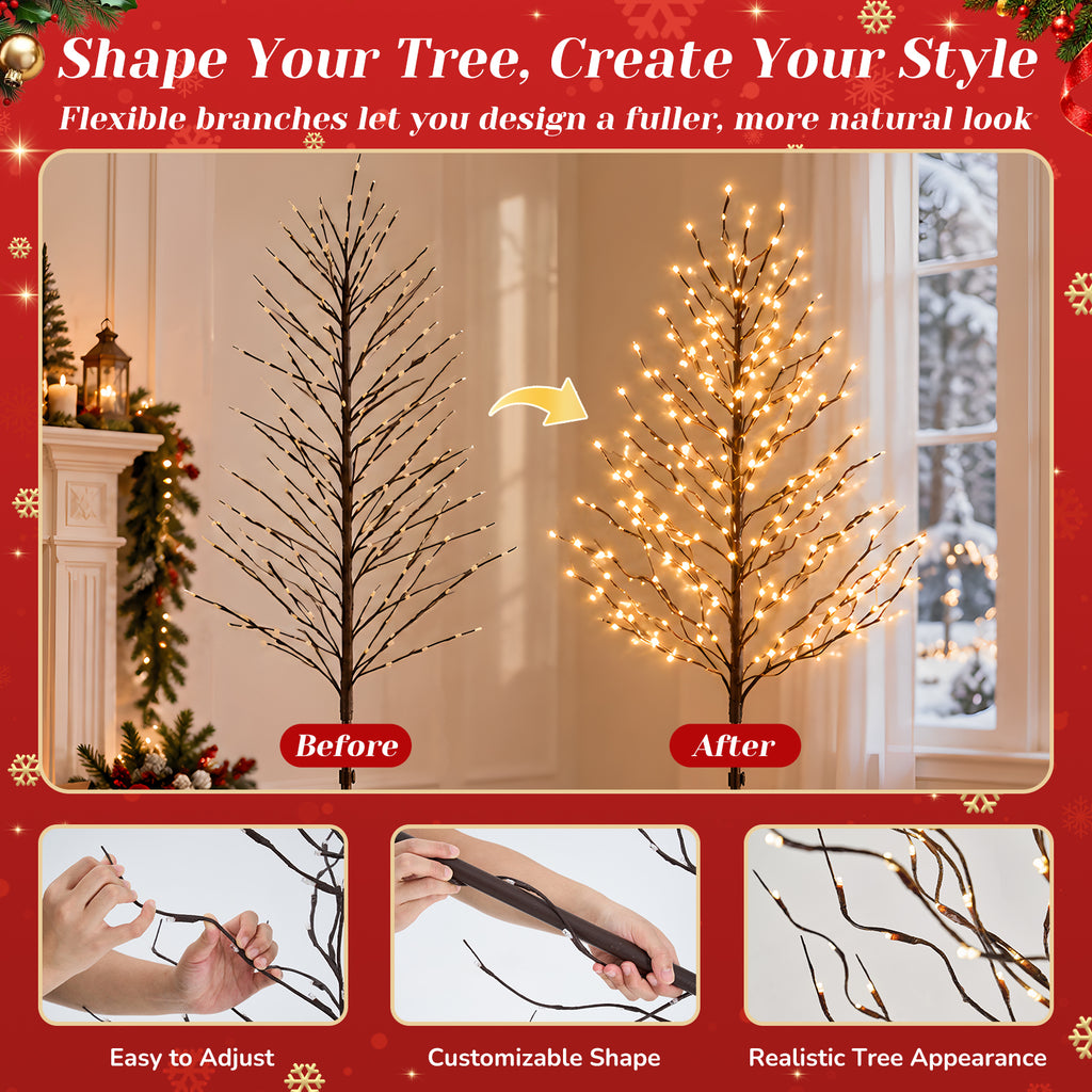 Aeelleea 6ft Lighted Birch Tree, Warm White LED Twig Tree with Metal Stand, Indoor Christmas Decor