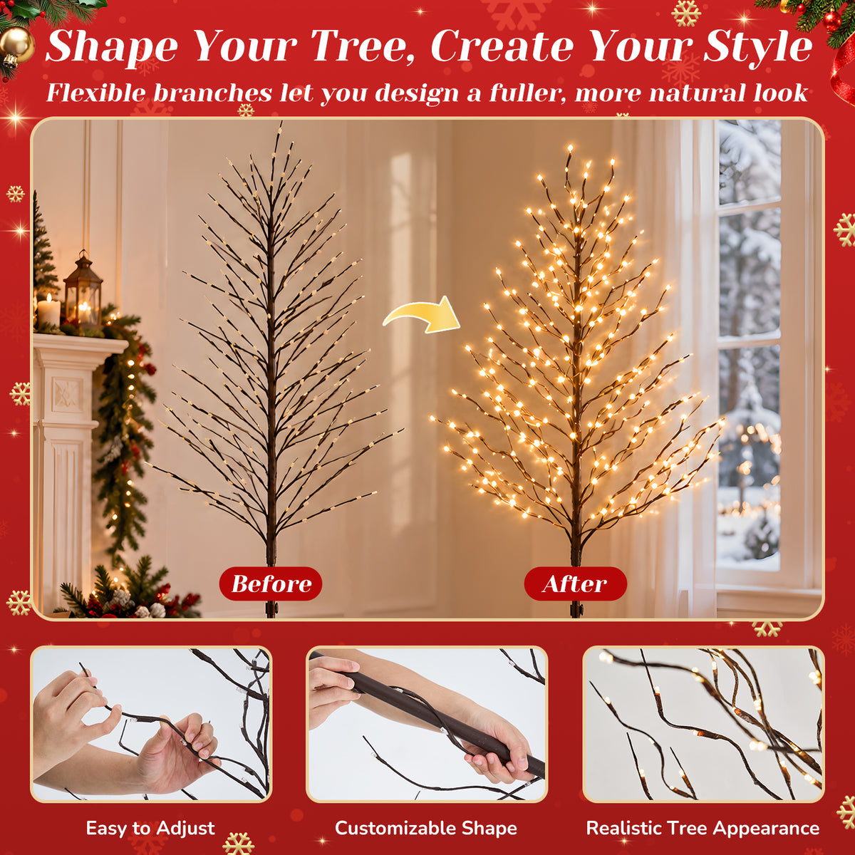 Aeelleea 6ft Lighted Birch Tree, Warm White LED Twig Tree with Metal Stand, Indoor Christmas Decor