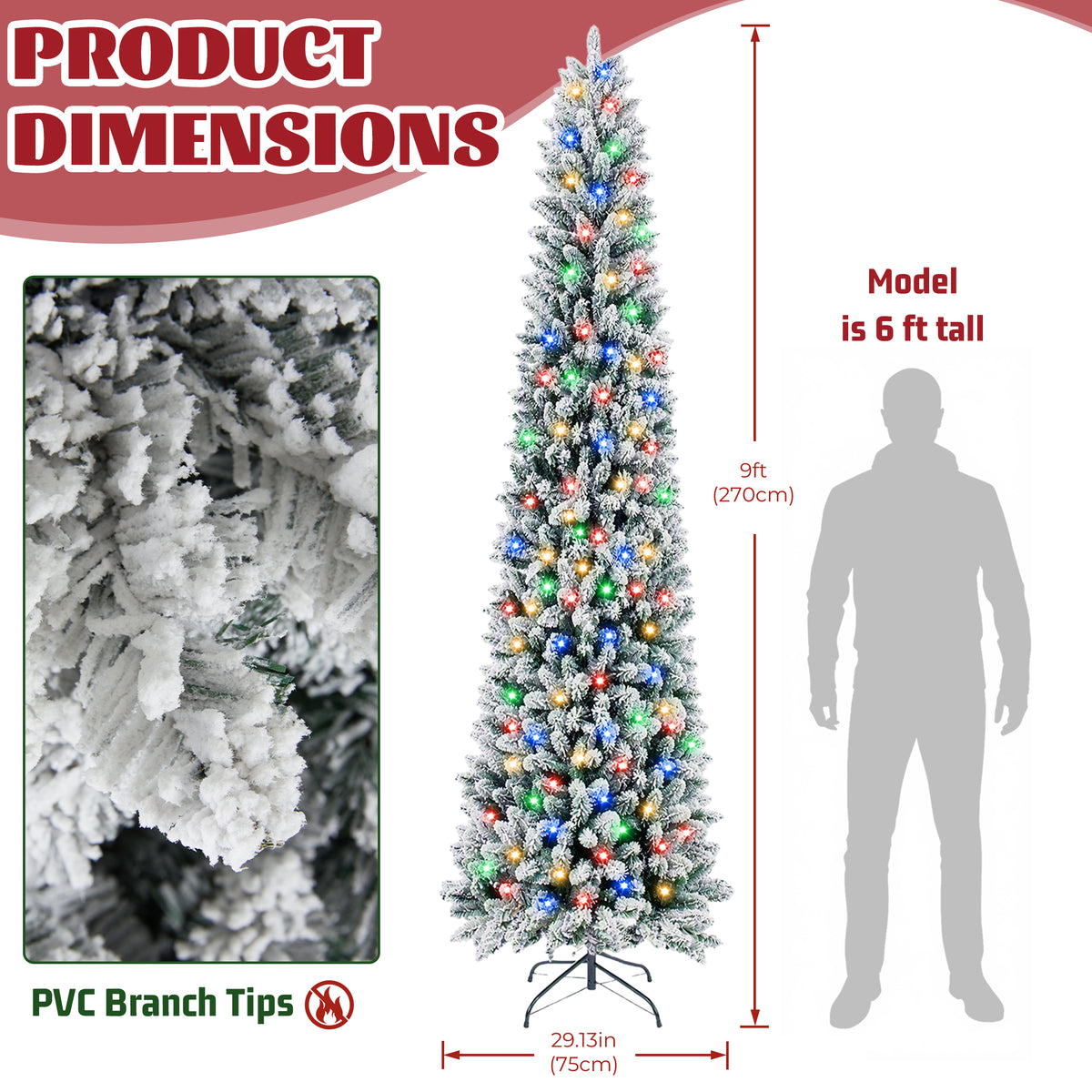 Aeelleea Flocked Pencil Christmas Tree with Twinkling LED Lights-6FT