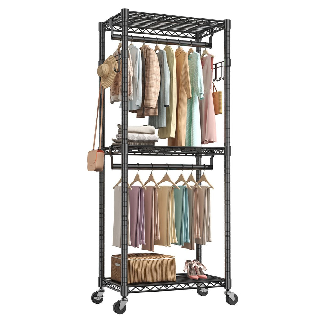 Aeelleea / black/29.5INRolling Garment Rack, Adjustable Metal Shelves Heavy Duty Clothes Rack on Wheels, 29.5x45in