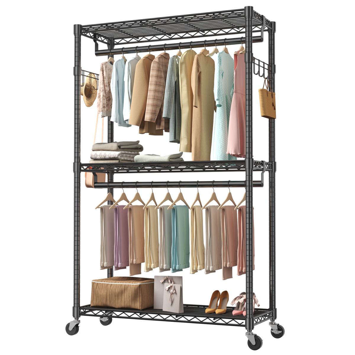Aeelleea45IN Rolling Garment Rack, Adjustable Metal Shelves Heavy Duty Clothes Rack on Wheels, 29.5x45in
