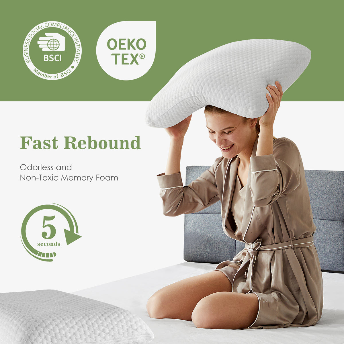 Aeelleea Memory Foam Pillow Detachable Washable Pillowcase Odorless Cervical Support