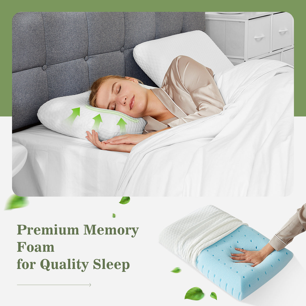 Aeelleea Memory Foam Pillow Detachable Washable Pillowcase Odorless Cervical Support