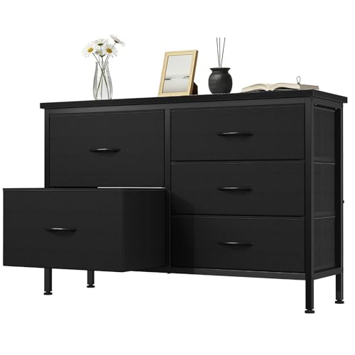 Aeelleea Black 5 Drawer Dresser Wooden Top Metal Frame Bedroom Storage Chest