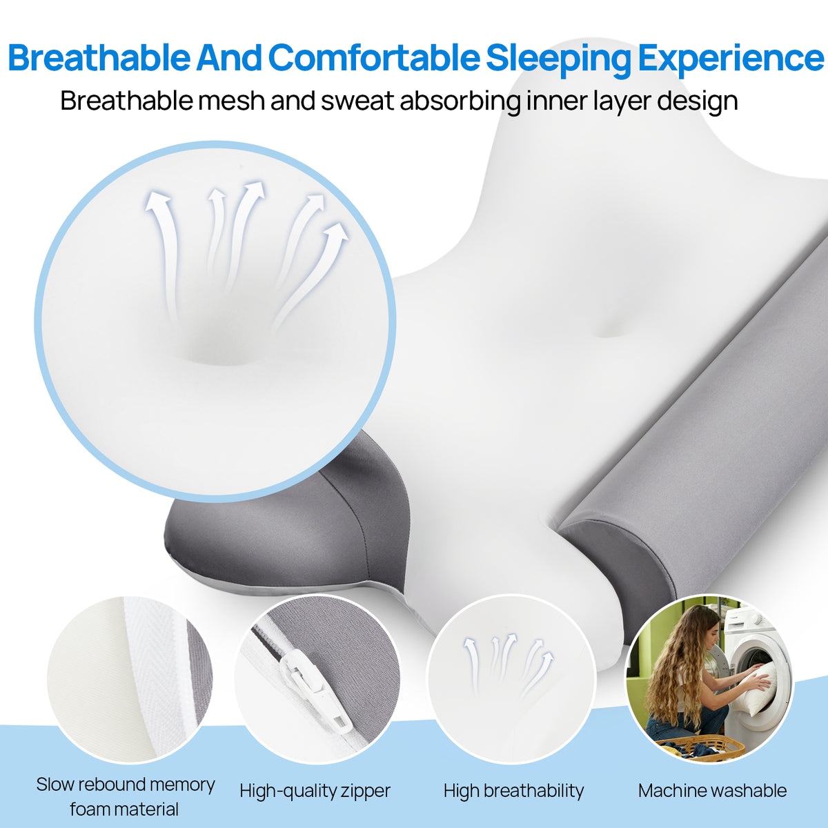 Aeelleea Z5030-GY Cooling Cervical Neck Pillow Ergonomic Memory Foam Orthopedic Support