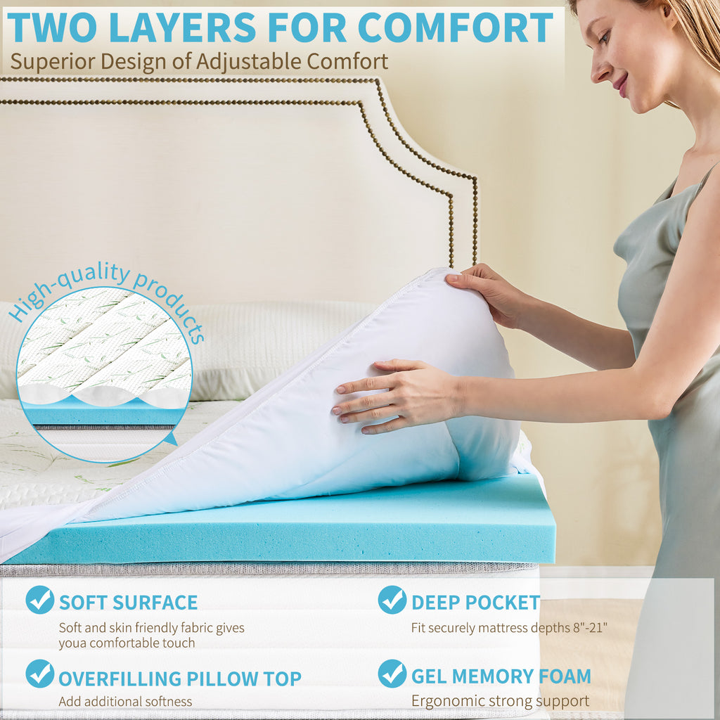 Aeelleea KING 4 Inch Gel Memory Foam Mattress Topper Double Size with 2 Inch Cooling Pillow Top