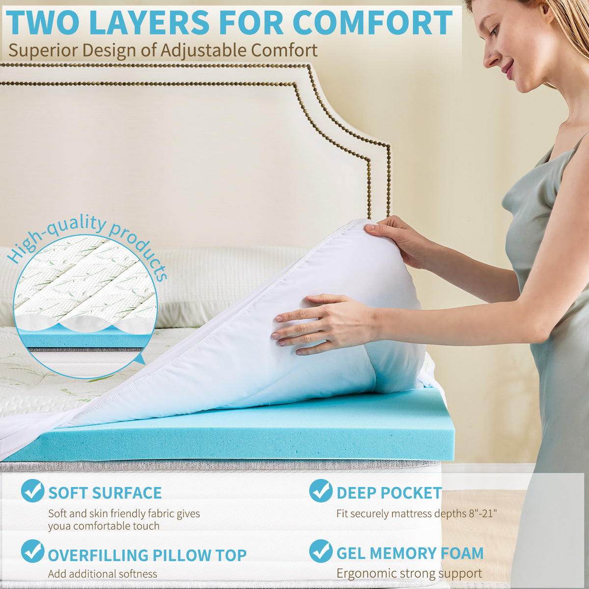 Aeelleea KING 4 Inch Gel Memory Foam Mattress Topper Double Size with 2 Inch Cooling Pillow Top