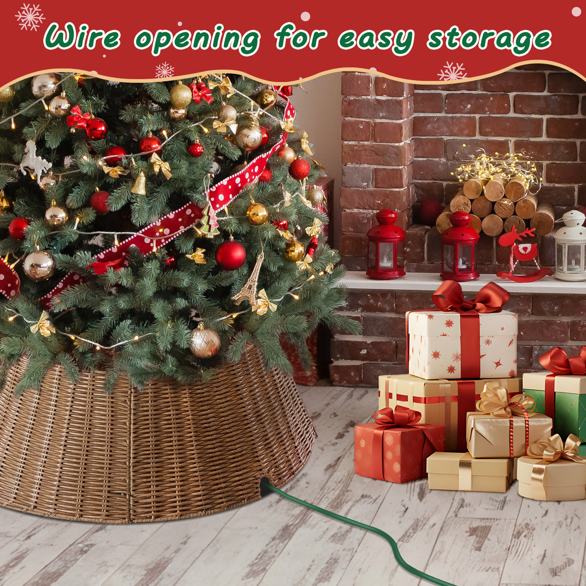 Aeelleea brown Christmas Tree Collar Rattan Tree Skirt Stand Base Cover for Holiday Decor