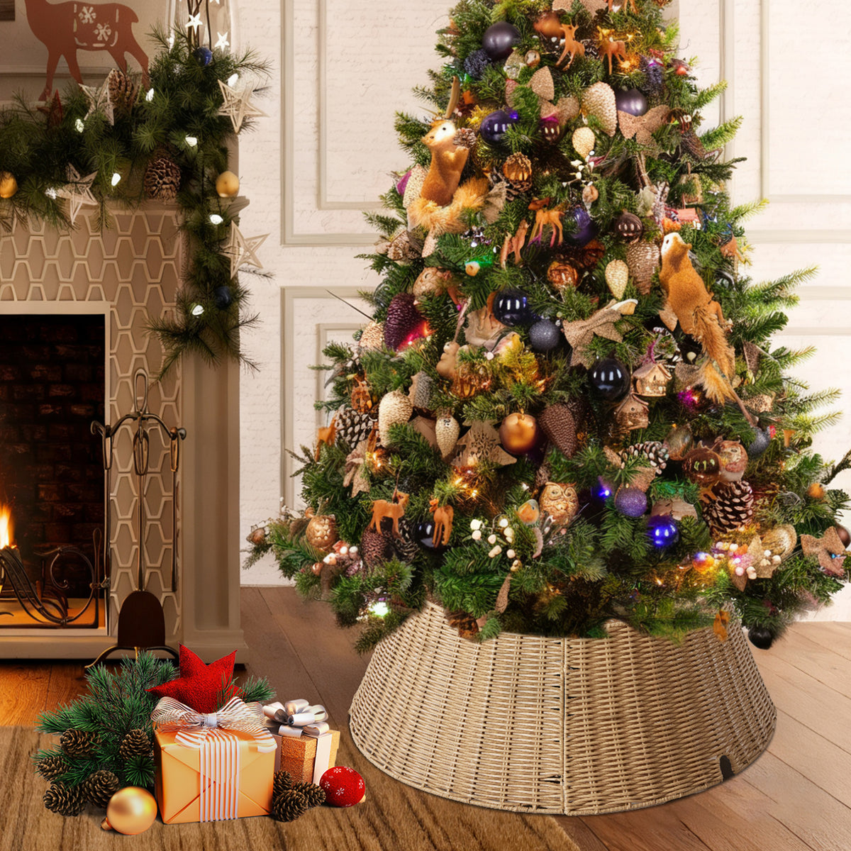Aeelleea Natural Christmas Tree Collar Rattan Tree Skirt Stand Base Cover for Holiday Decor