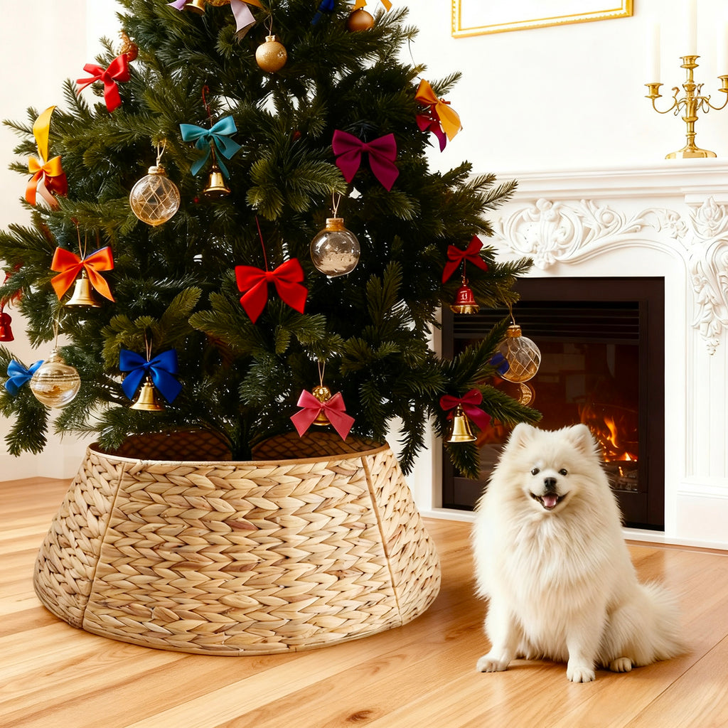 Aeelleea Yellow Christmas Tree Collar Rattan Tree Skirt Stand Base Cover for Holiday Decor