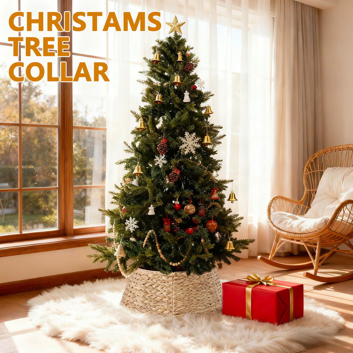Aeelleea Yellow Christmas Tree Collar Rattan Tree Skirt Stand Base Cover for Holiday Decor