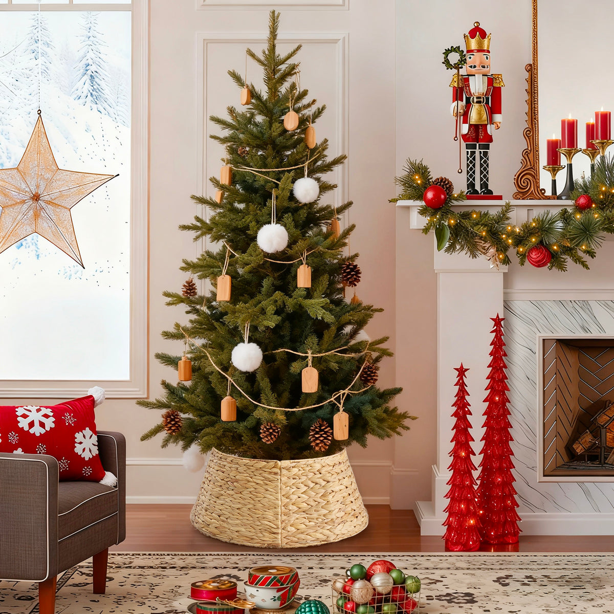 Aeelleea Yellow 36IN Christmas Tree Collar Rattan Tree Skirt Stand Base Cover for Holiday