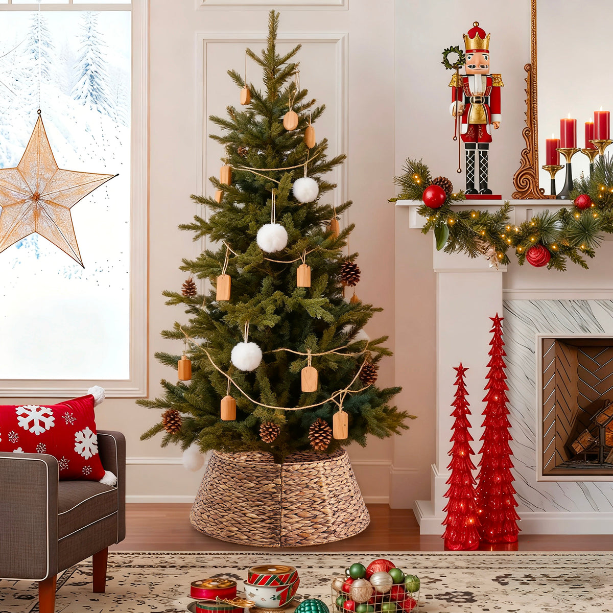 Aeelleea brown 24IN Christmas Tree Collar Rattan Tree Skirt Stand Base Cover for Holiday Decor