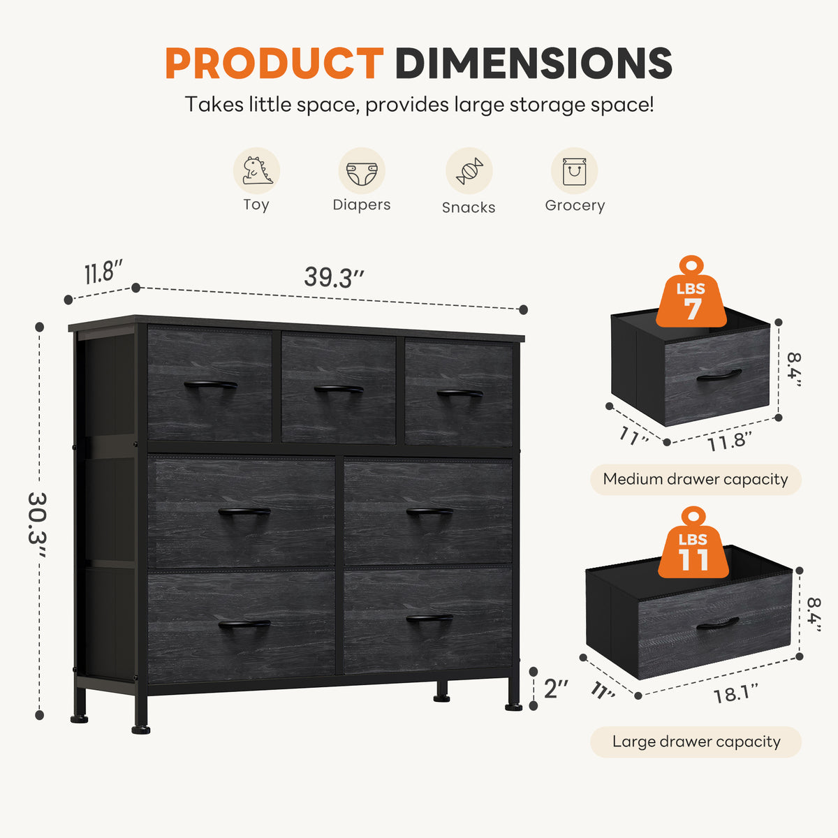 Aeelleea Black Wood Grain Tall Dresser Fabric Storage Tower with Wooden Top