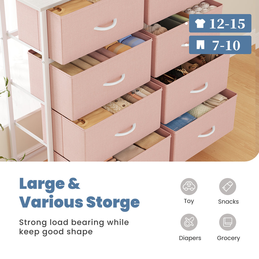 Aeelleea Pink Tall Dresser Fabric Storage Tower with Wooden Top for Kids Room