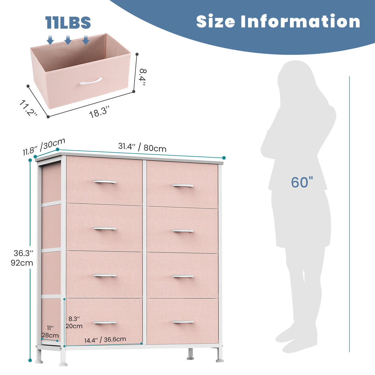 Aeelleea Pink Tall Dresser Fabric Storage Tower with Wooden Top for Kids Room
