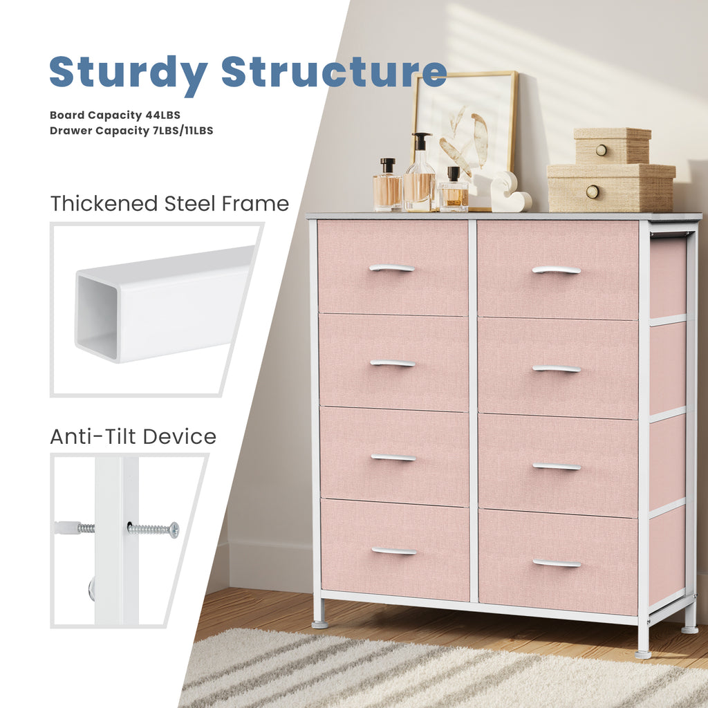 Aeelleea Pink Tall Dresser Fabric Storage Tower with Wooden Top for Kids Room