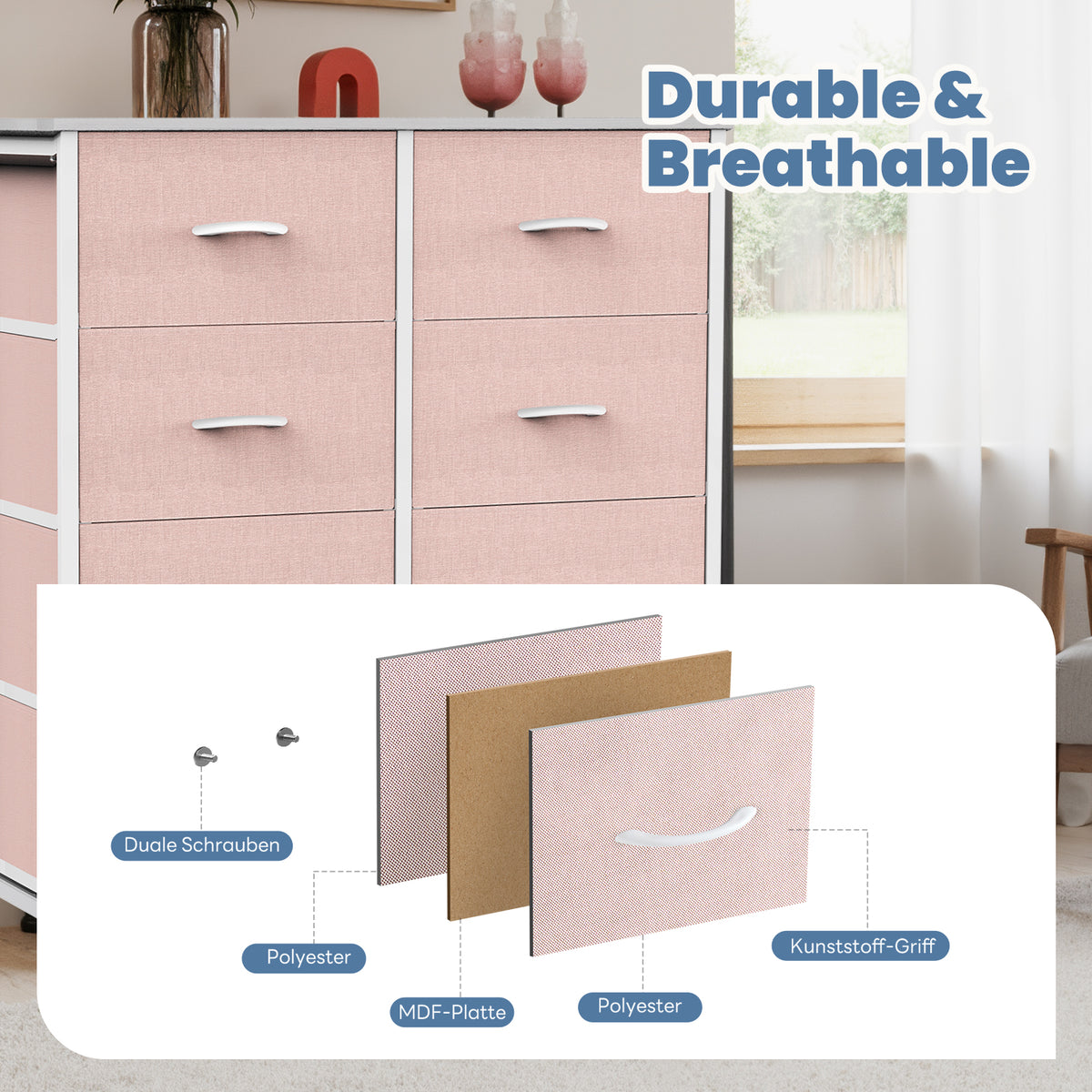 Aeelleea Pink Tall Dresser Fabric Storage Tower with Wooden Top for Kids Room