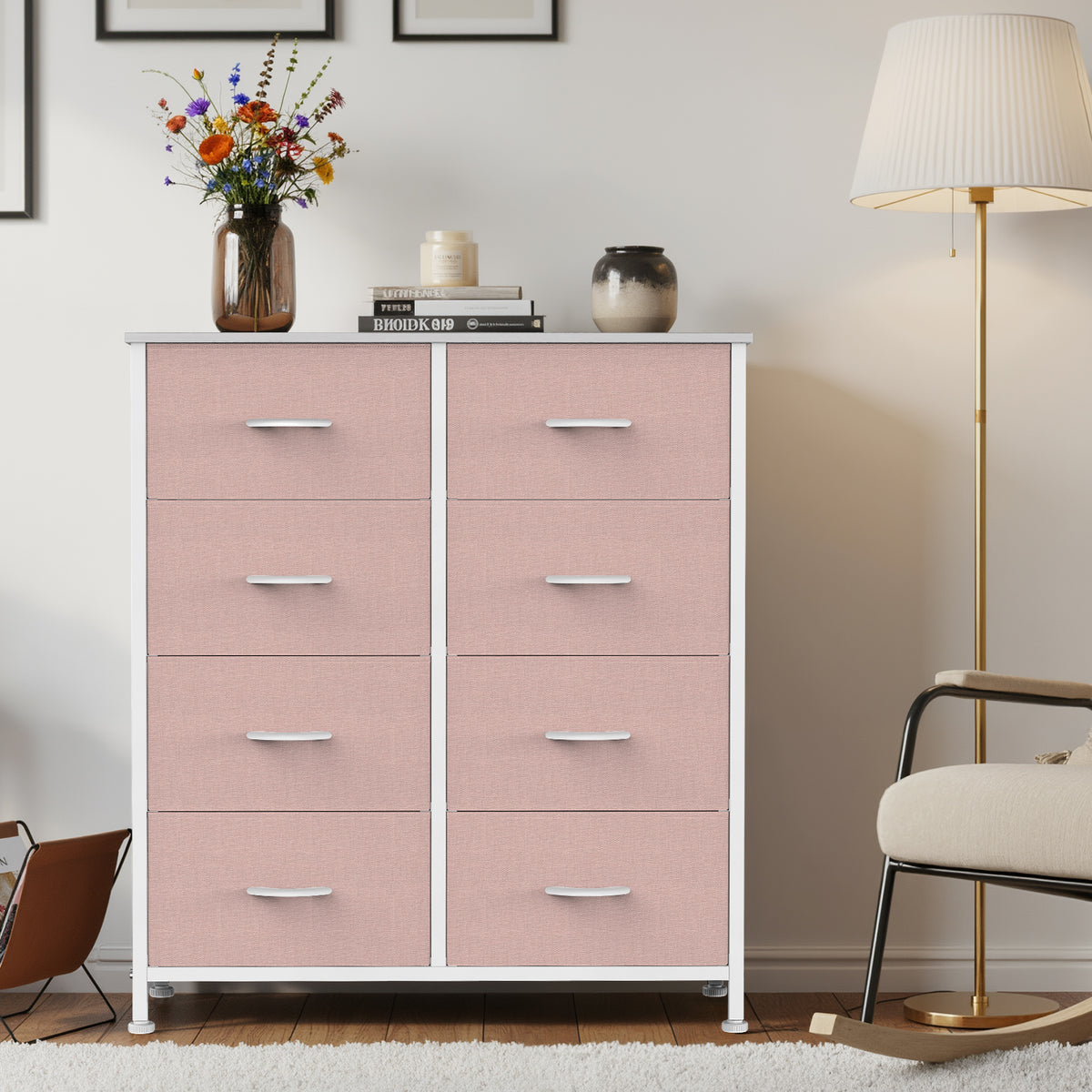 Aeelleea Pink Tall Dresser Fabric Storage Tower with Wooden Top for Kids Room