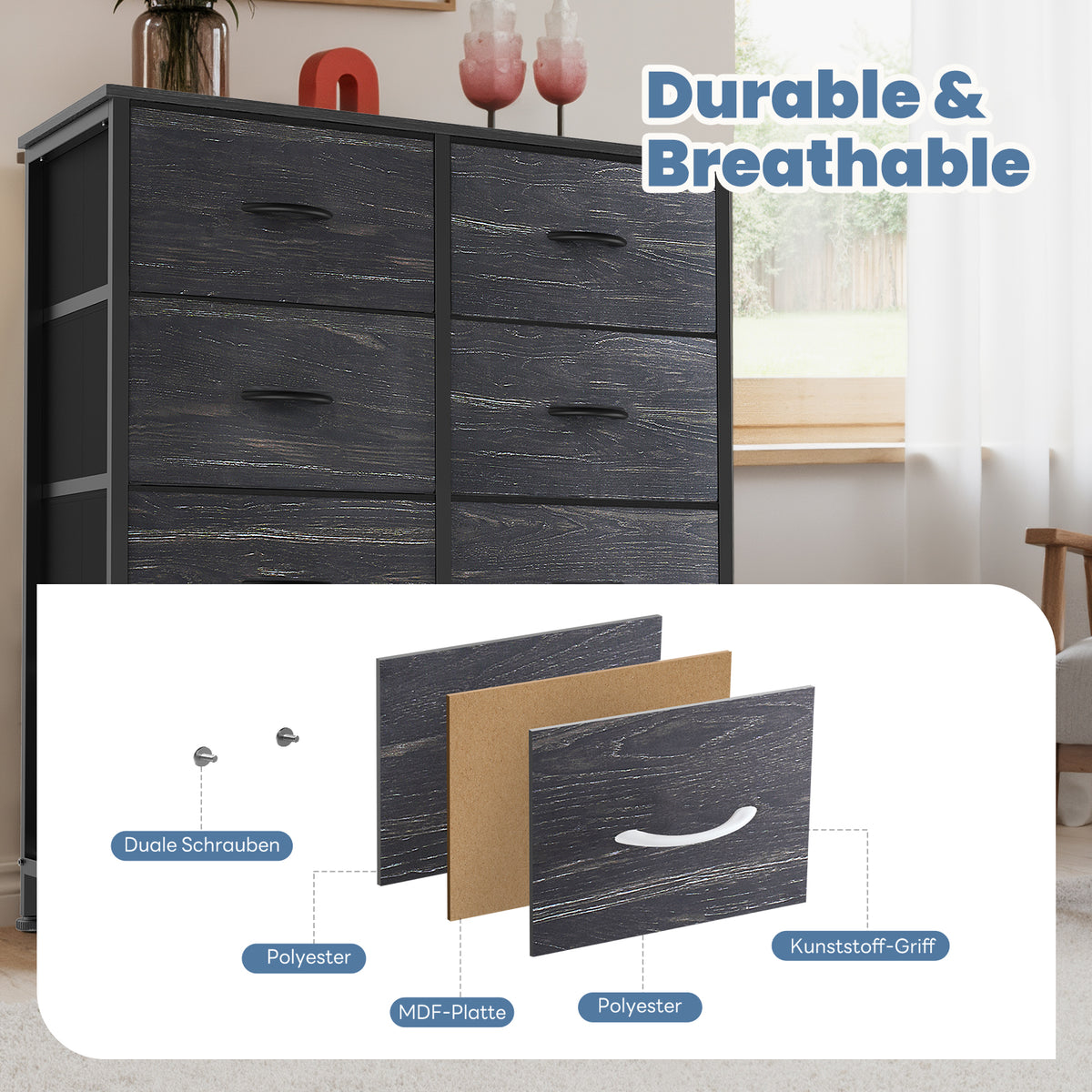 Aeelleea Black Wood Grain Tall Dresser Fabric Storage Tower with Wooden Top