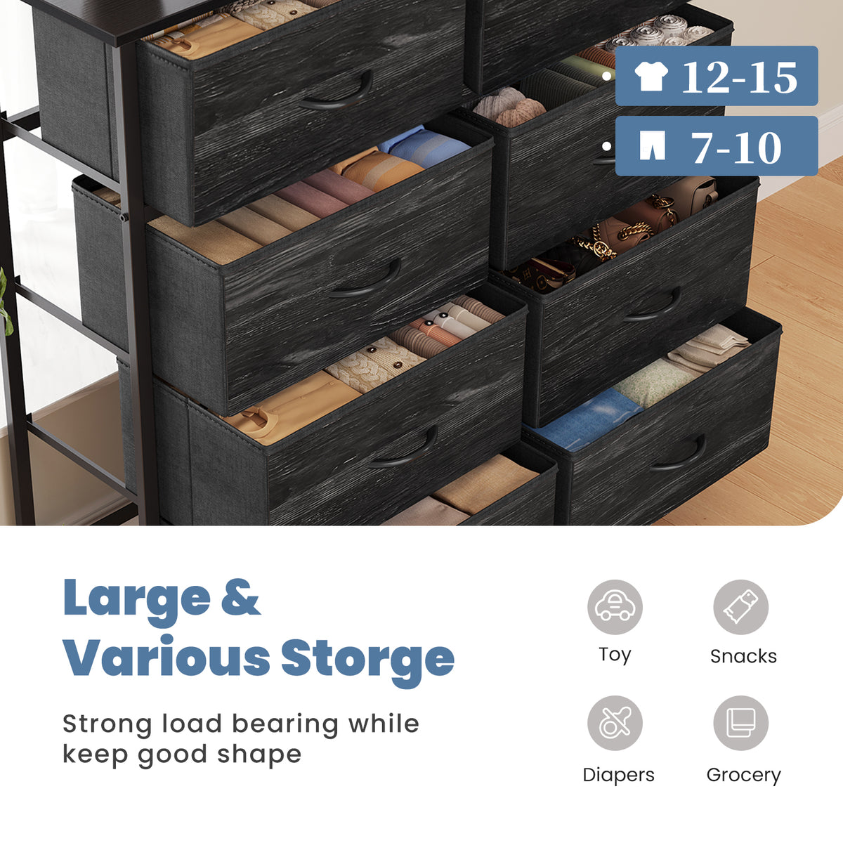 Aeelleea Black Wood Grain Tall Dresser Fabric Storage Tower with Wooden Top