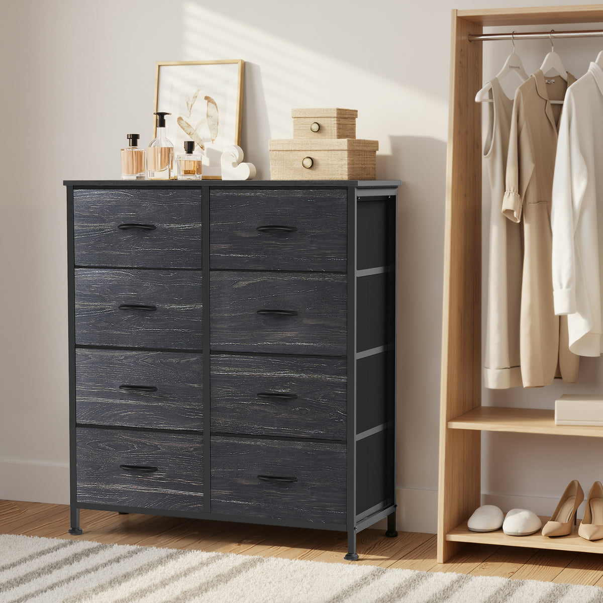Aeelleea Black Wood Grain Tall Dresser Fabric Storage Tower with Wooden Top