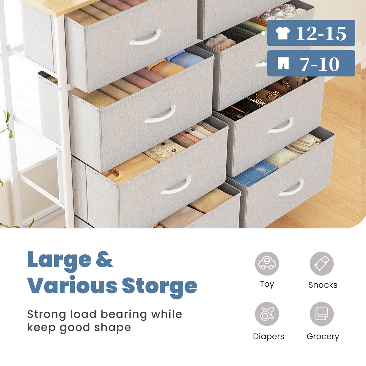 Aeelleea Light Gray Tall Dresser Fabric Storage Tower with Wooden Top