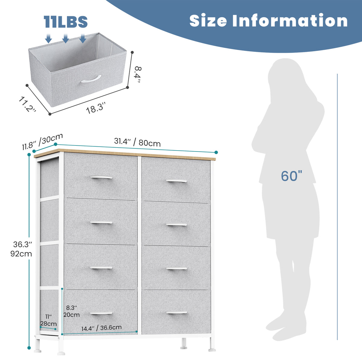Aeelleea Light Gray Tall Dresser Fabric Storage Tower with Wooden Top