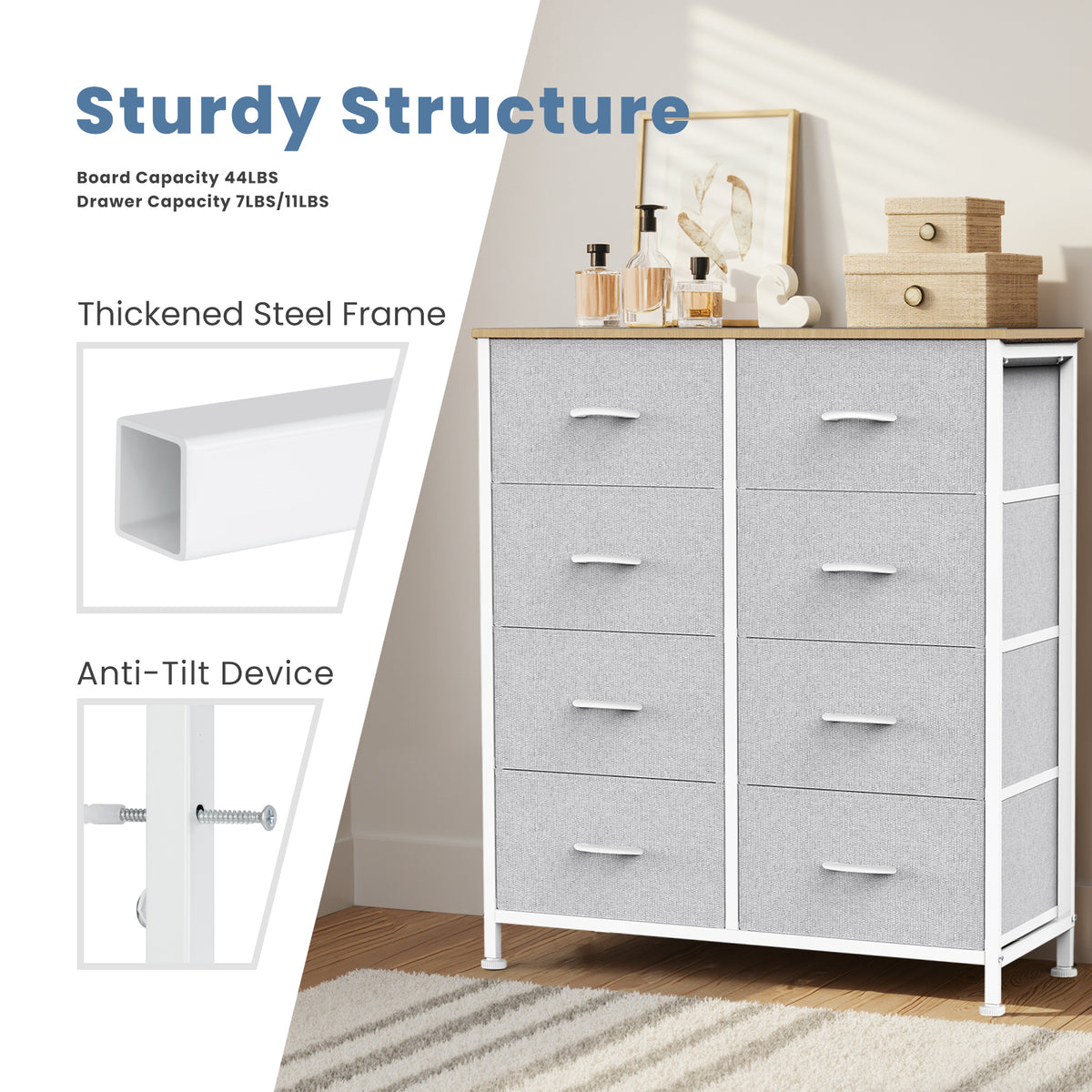 Aeelleea Light Gray Tall Dresser Fabric Storage Tower with Wooden Top